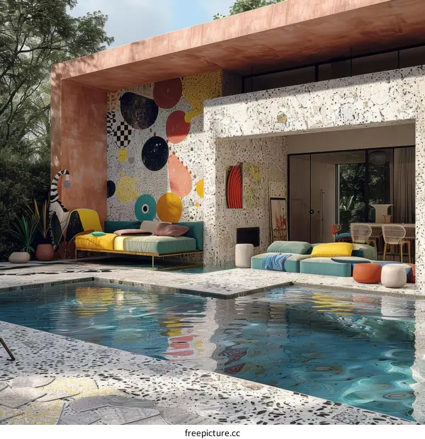 Modern and colorful poolside living space with a geometric mural
