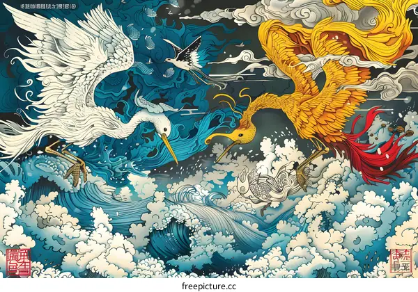Traditional Chinese Illustration with Birds, Waves, and Clouds