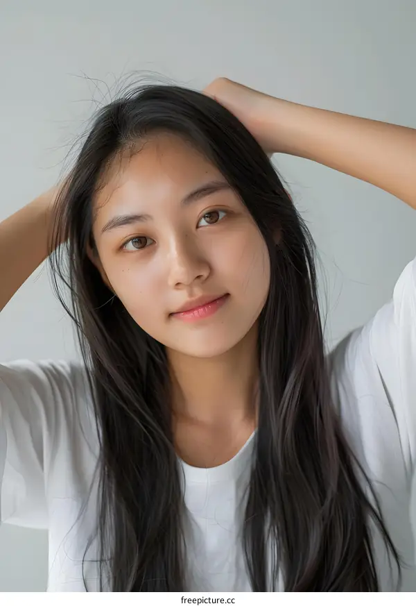 Portrait of a Young Asian Woman with Long Black Hair
