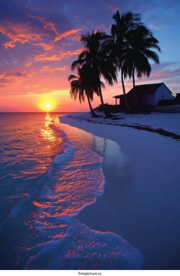Beach sunset with palm trees and a house