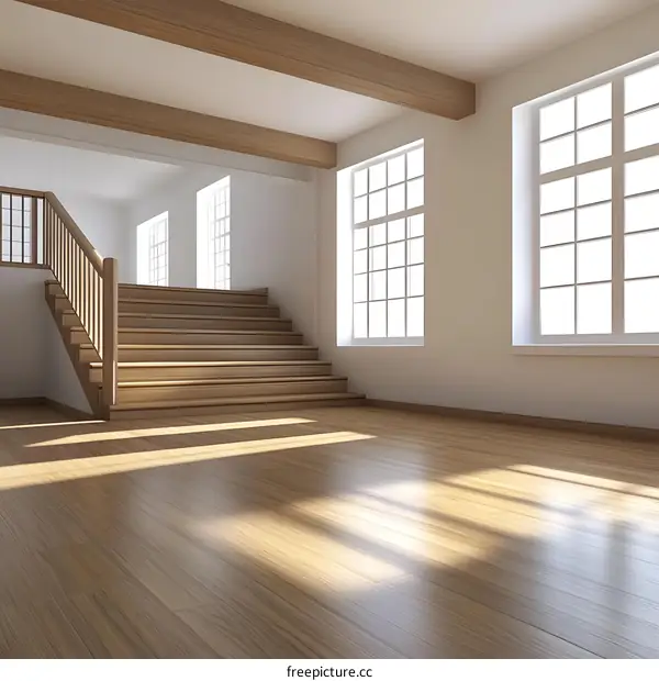 Empty Modern Home Interior Design with Wooden Stairs and Large Windows