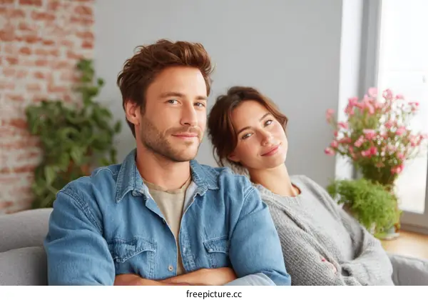 Couple Relaxing on Sofa Indoor Portrait