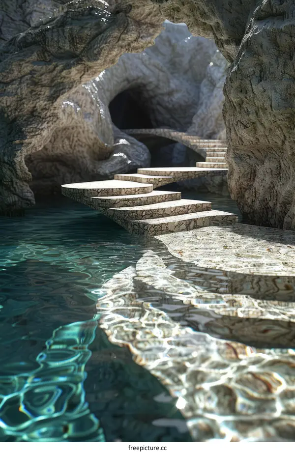 Fantasy Cave with Water and Stone Steps