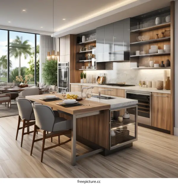 Modern kitchen interior design with wood cabinets and stainless steel appliances