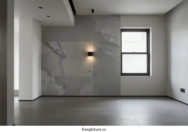 Minimalist interior space with marble wall and large window