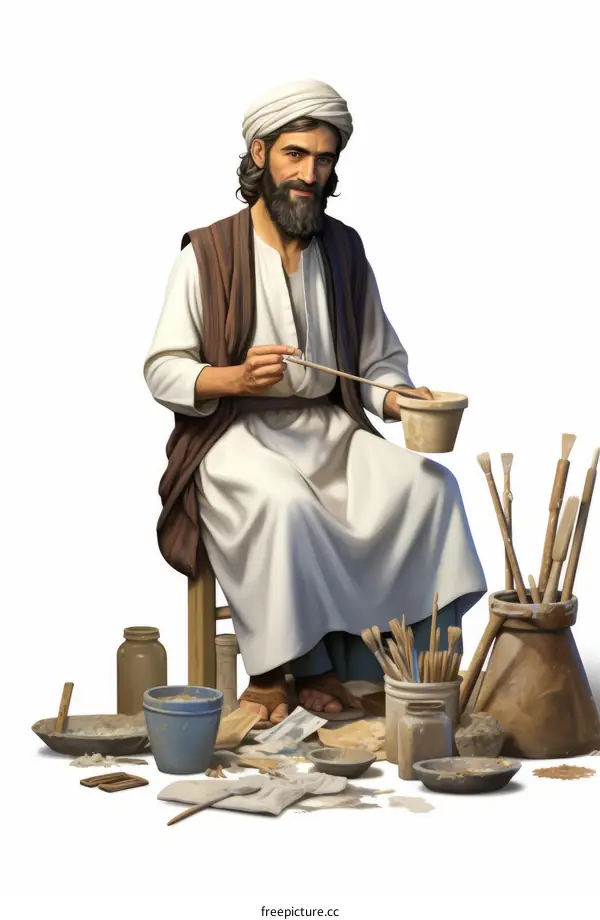Middle Eastern man painting pottery