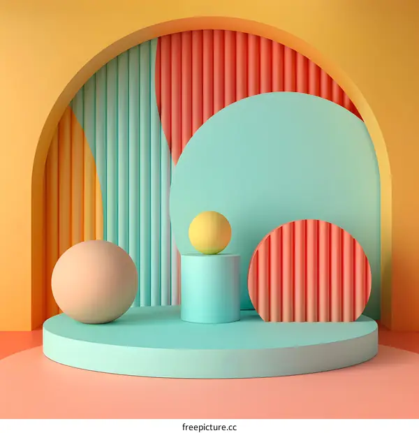 3D rendering of geometric shapes on a stage with a yellow background