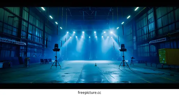 Empty Stage Setup with Blue Lighting and Smoke