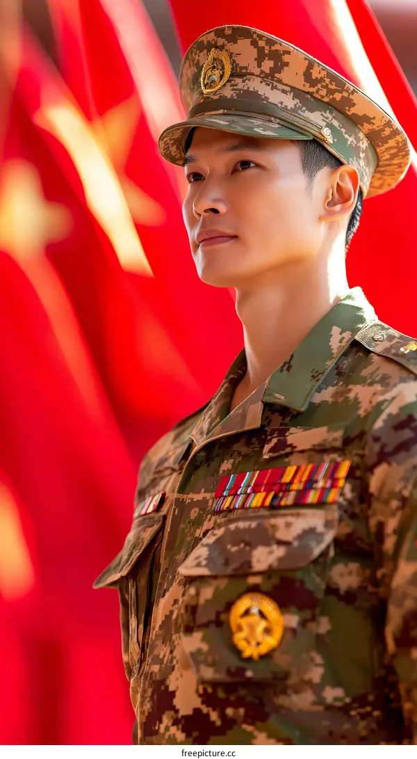 Military Personnel in Formal Attire with Flags in Background