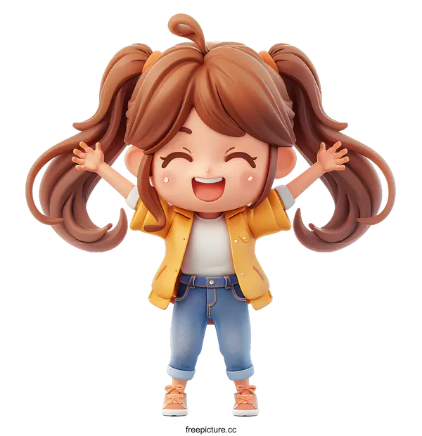 [Transparent Background PNG]Cheerful cartoon girl with brown hair wearing casual outfit