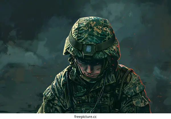 A soldier wearing a green and brown camouflage helmet and uniform with a radio on his shoulder looks down in front of a dark green background.