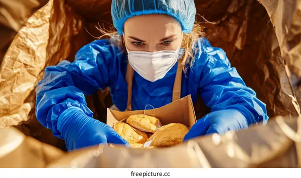 Food Distribution Worker with Protective Gear