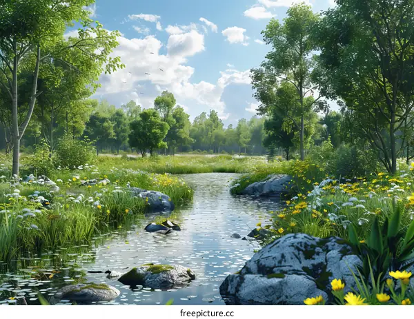 Tranquil River Flowing Through Lush Green Field