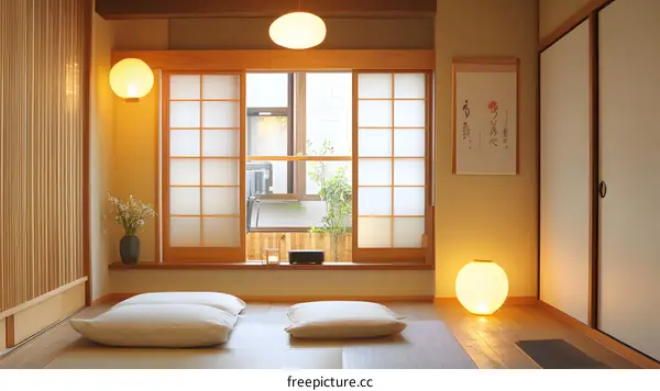 Traditional Japanese Interior Design with Sliding Doors and Paper Lanterns