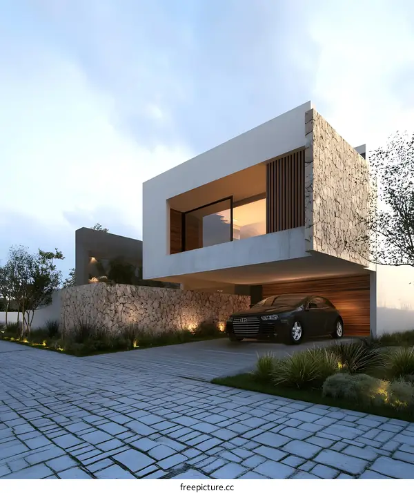 Modern House with Stone Facade and Carport