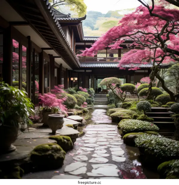 Japanese garden with pink trees and stone path