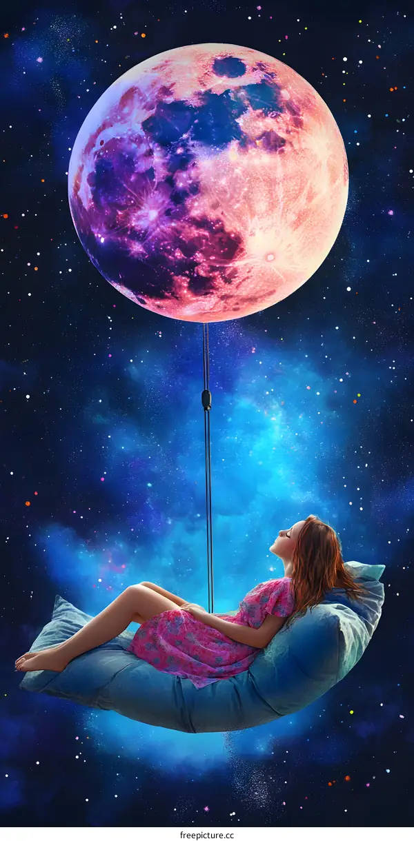 Woman on a Moon Swing in the Space