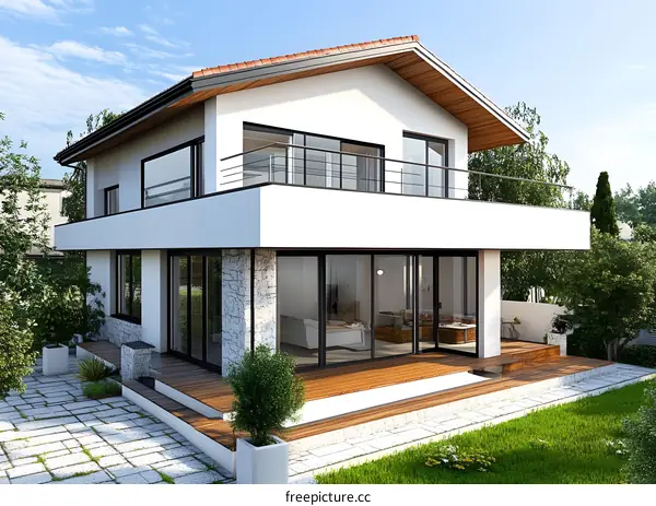 Modern Two Story House With Balcony And Large Windows