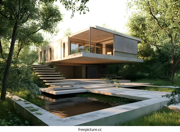 Modern Concrete House with Swimming Pool and Steps in a Green Forest