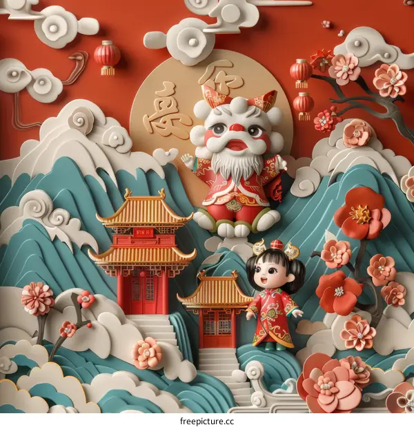 A girl standing in front of a traditional Chinese building with a lion statue on the roof.