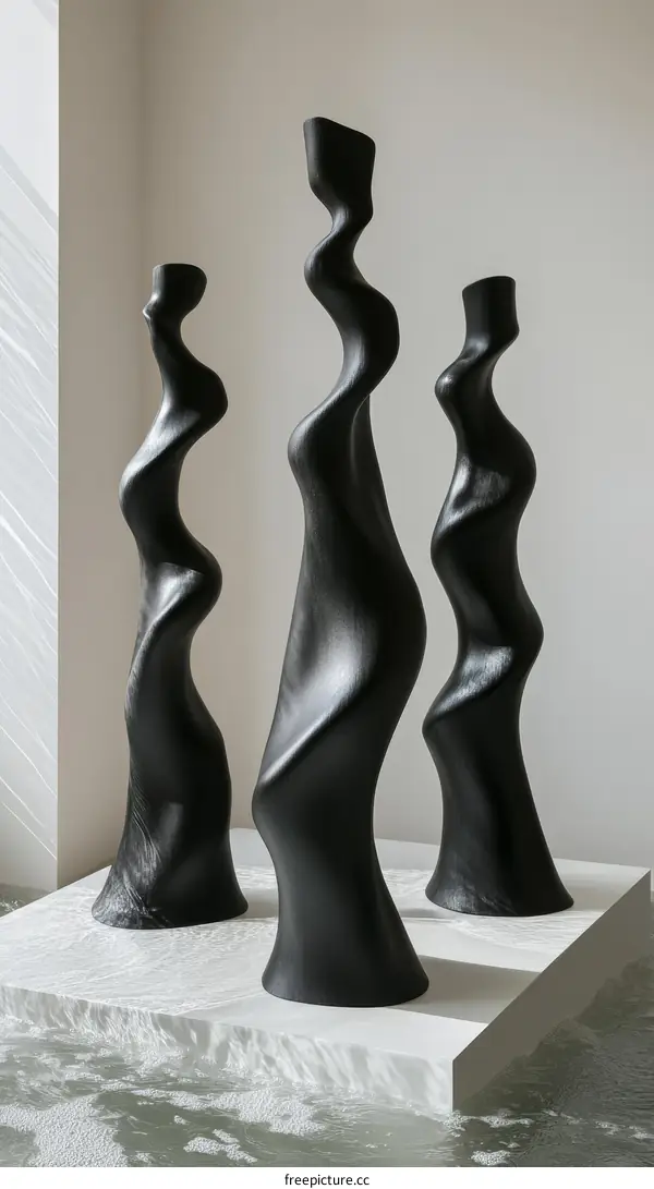 Abstract Black Sculptures on a Modern Pedestal