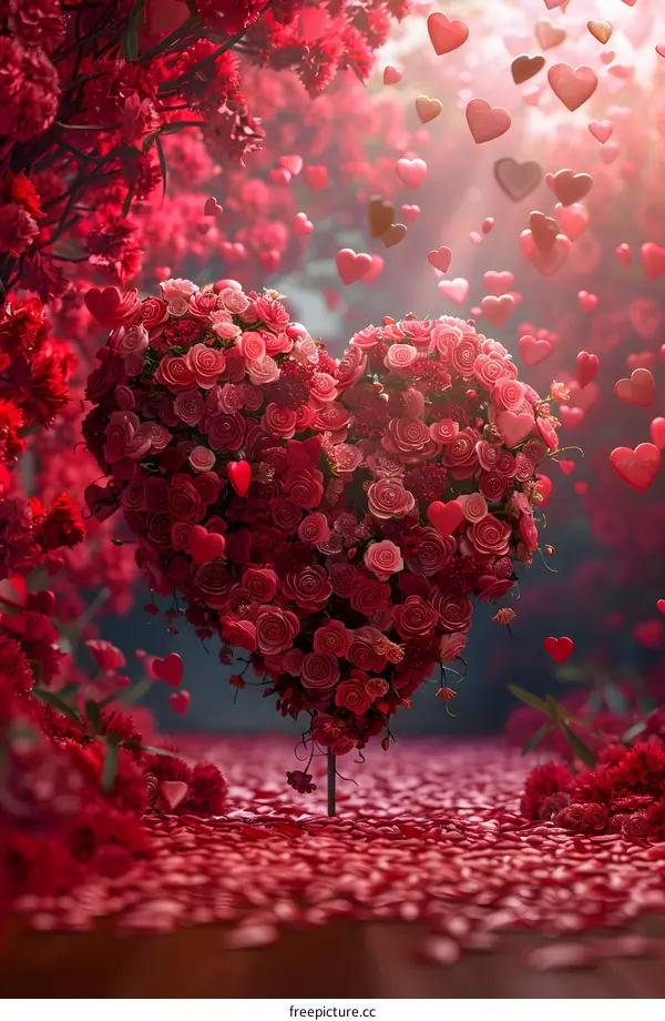 A heart made of red rose petals