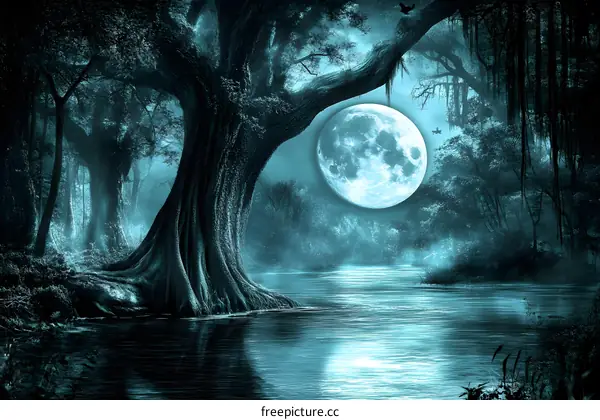Full Moon Over a Tranquil Forest Lake