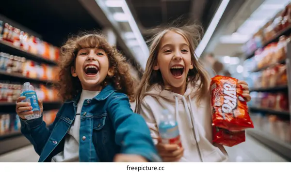 Two happy little girls holding snacks and drinks in a grocery store