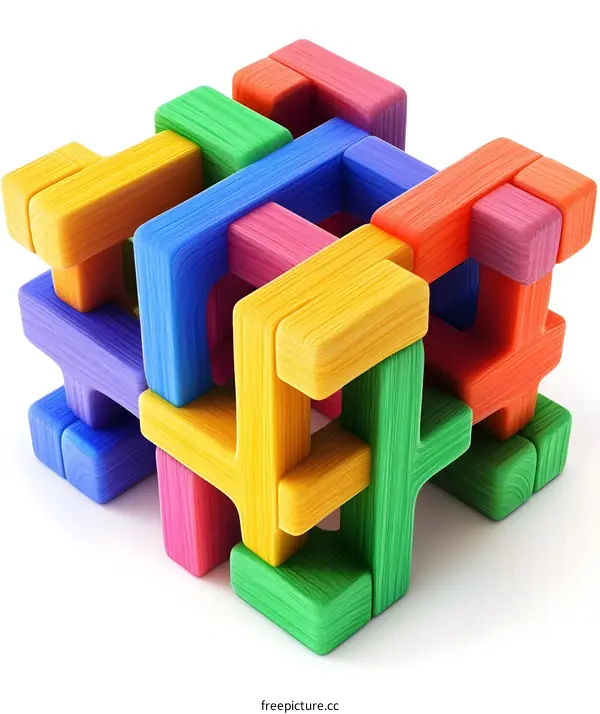 Colorful Wooden Blocks Interlocking Abstract Cube Design