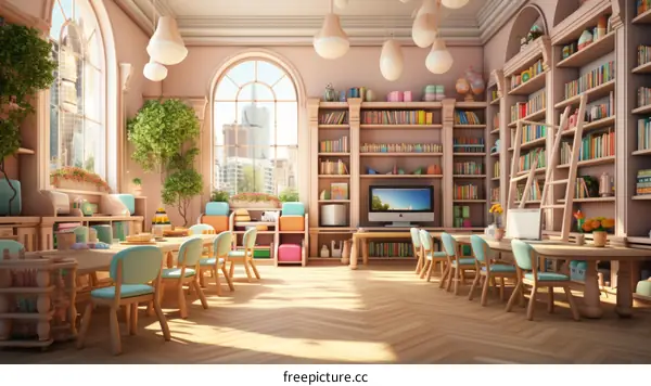 A classroom with a library and a city view