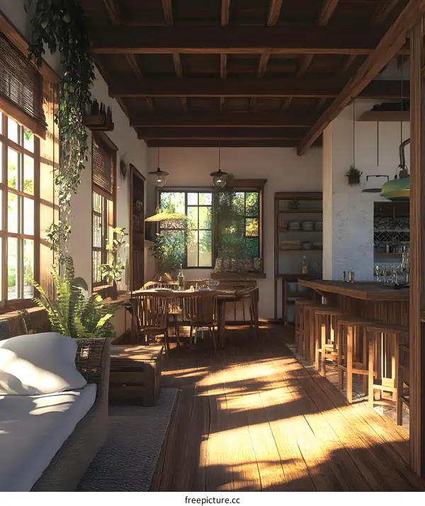 Interior Design of a Rustic Kitchen with Wooden Beams and Natural Light