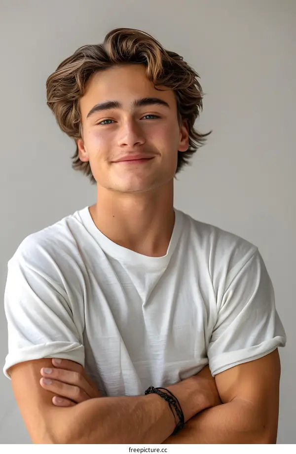 Portrait of a young man with brown hair and blue eyes