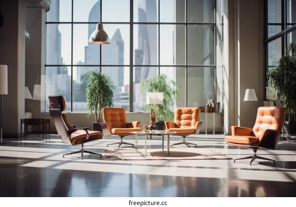 Modern office interior with large windows and comfortable furniture
