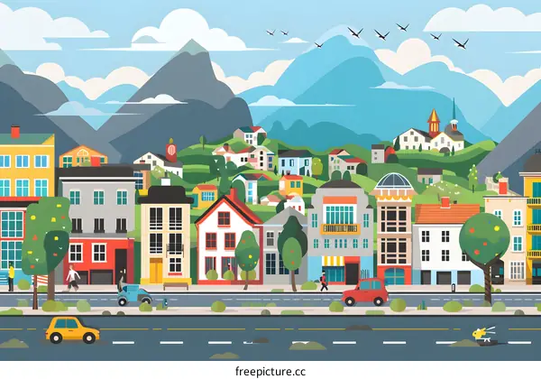 Cartoon Illustration of a Small Town with Mountains in the Background
