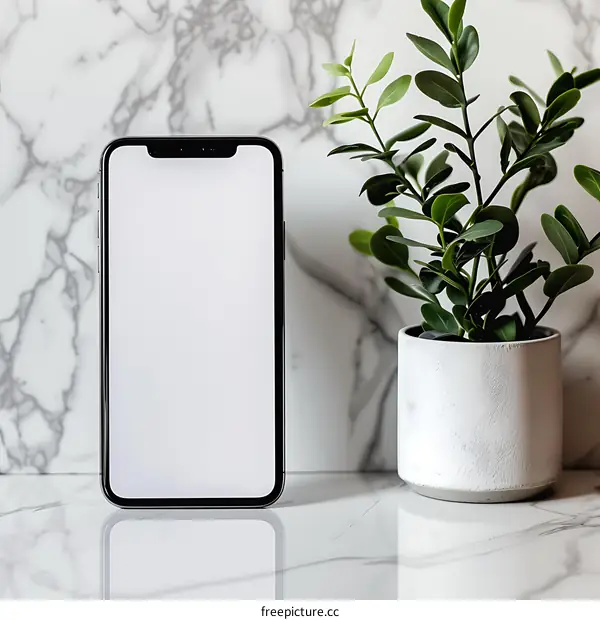 White Marble Background with Smartphone and Plant