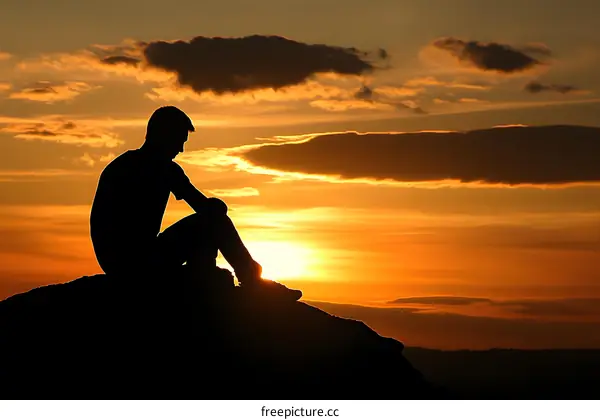 Silhouette of a Man Sitting on a Rock at Sunset