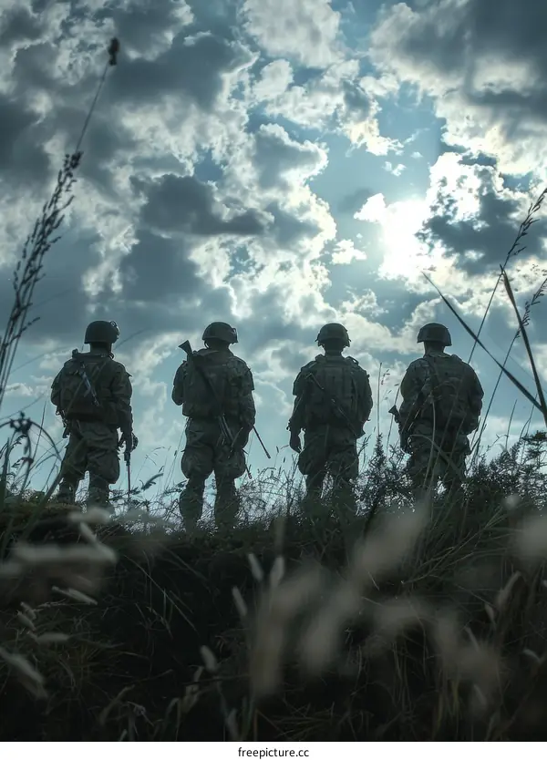 Four soldiers in the field looking at the sky