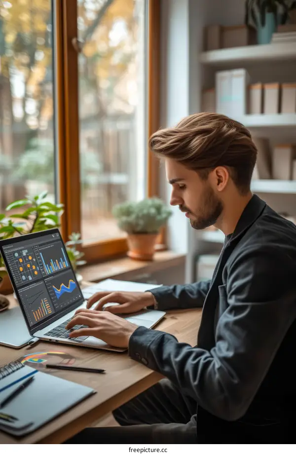 Young male professional working on laptop in home office
