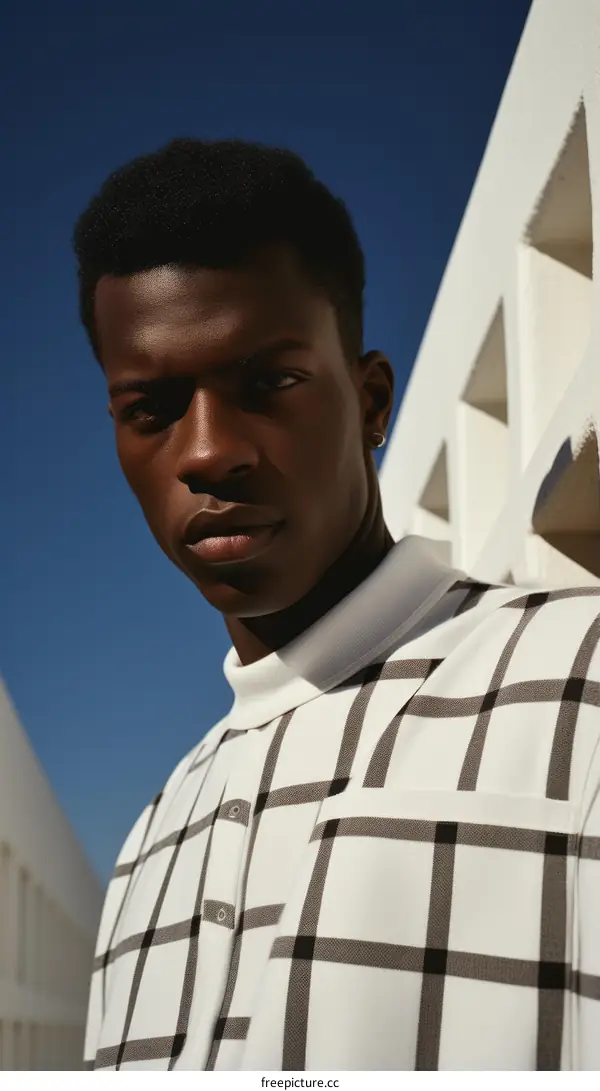 Black man in white and gray checkered shirt posing against white background