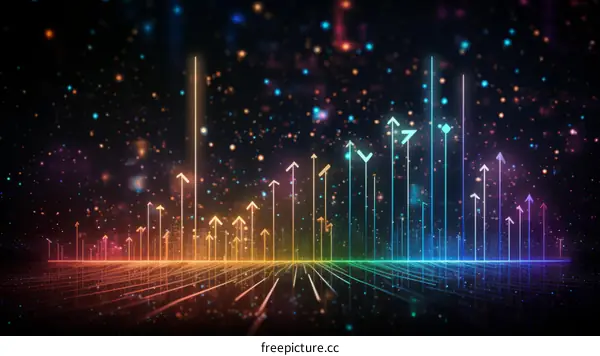 Colorful arrows pointing upwards on a grid with a dark background