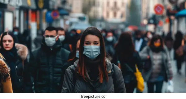 Crowded city street with people wearing surgical masks during COVID-19 pandemic