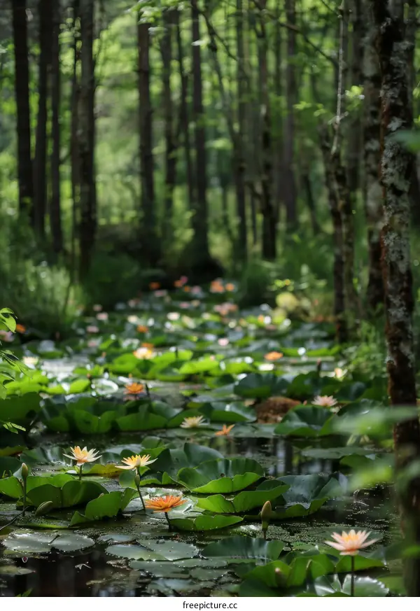 Tranquil Water Lilies in a Forest Pond
