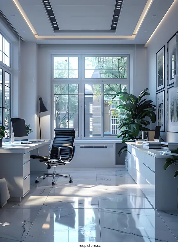 Modern office interior with large windows and a plant