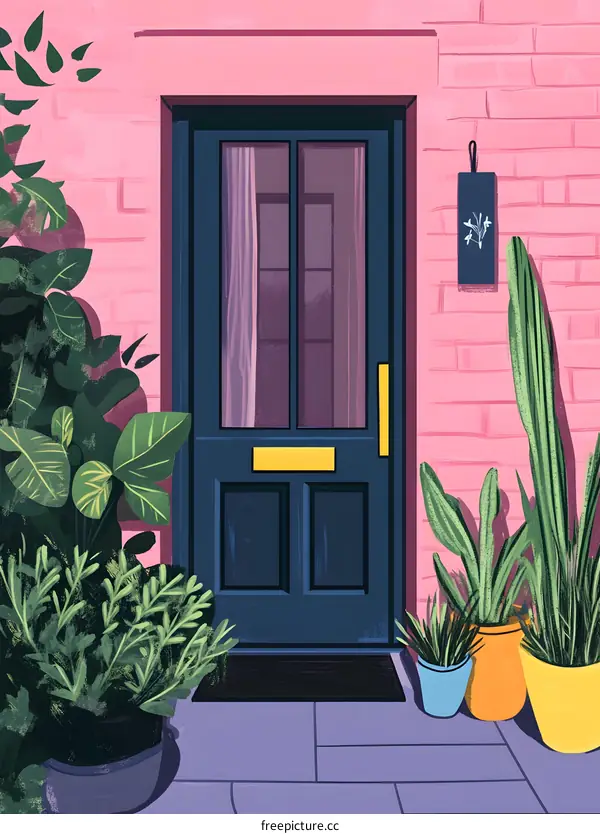 Pink Brick House with Blue Door and Plants