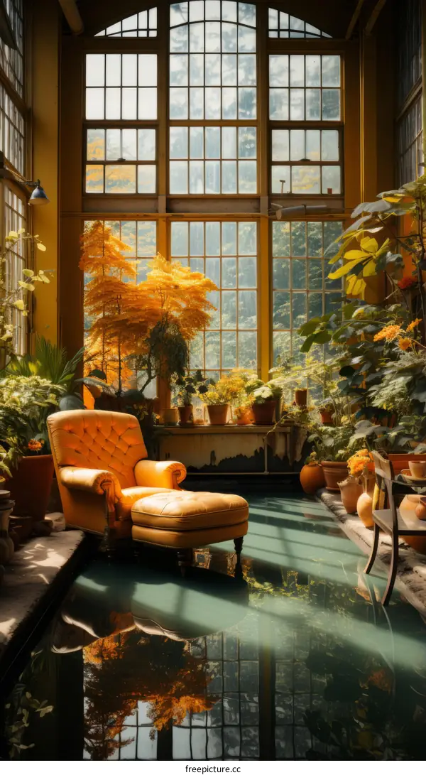 Botanical Sunlit Room with Yellow Leather Chair