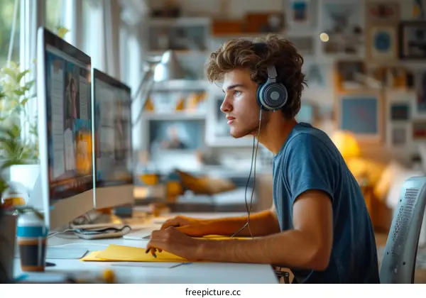 Young male student using computer and headphones to study online