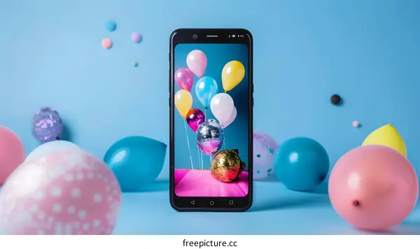 Mobile Phone With Balloons Displayed On Screen