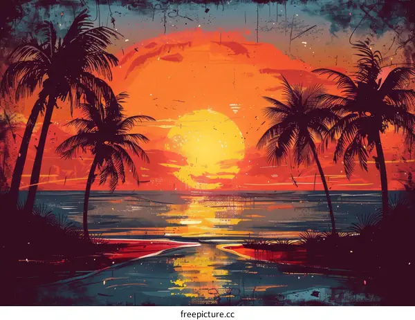 Tropical Beach Sunset with Palm Trees