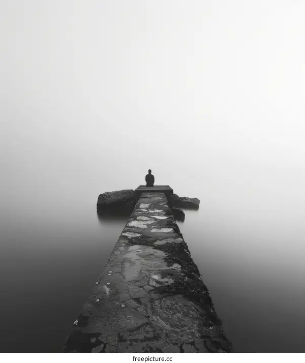 Black and white photo of a person sitting on a dock in the middle of a lake on a foggy day