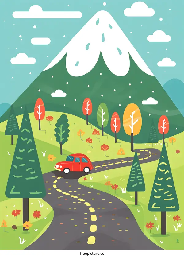 Cartoon Illustration Of A Red Car Driving On A Winding Road Through A Mountain Landscape